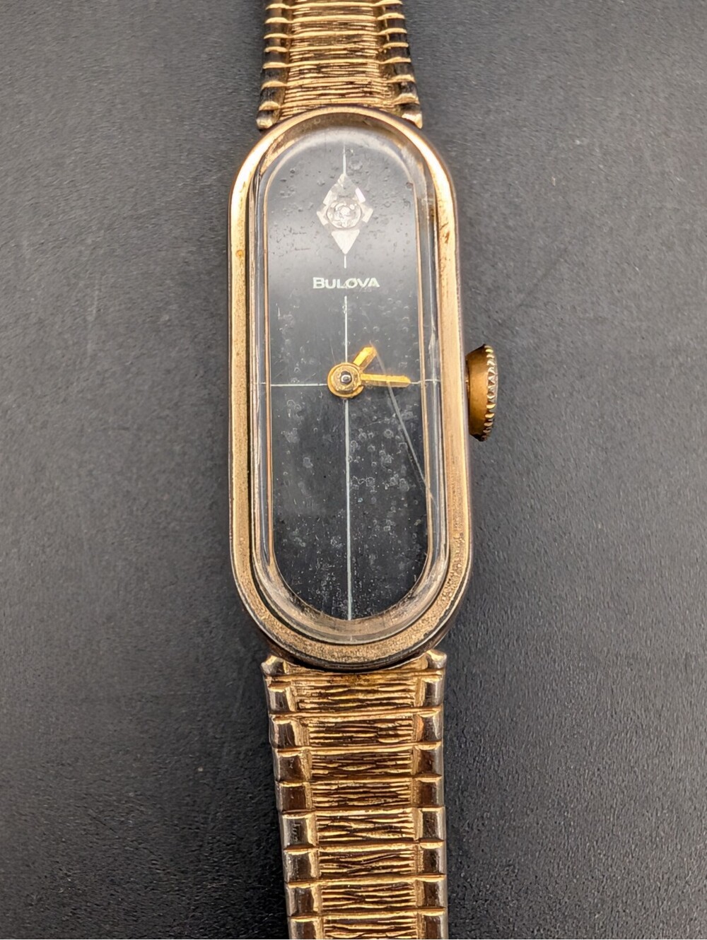 Vintage 1976 Bulova Diamond Dial Watch 10K RGP Oval Adjustable Mesh Band 18.67g